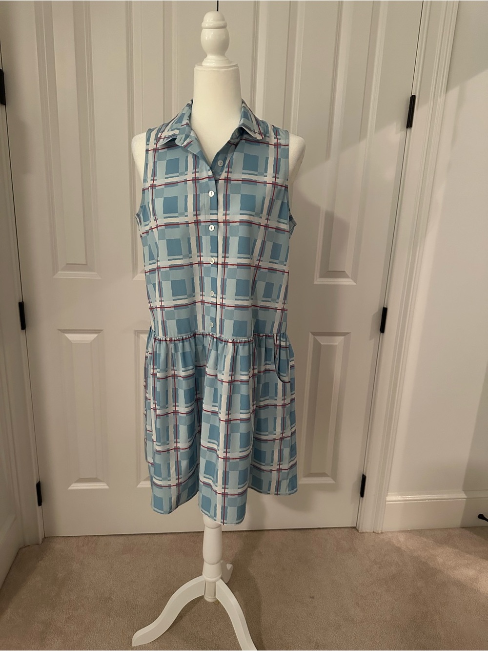 Tuckernuck Light Blue Plaid Sleeveless Shirt Dress